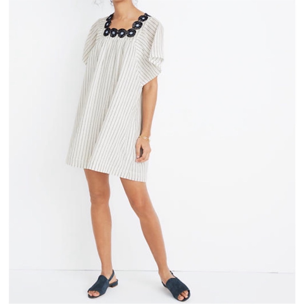 Madewell Linen Embroidered Butterfly Dress SZ XS White Navy Pinstripe - Picture 2 of 15